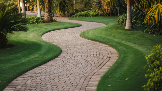 Winding Brick Pathway Through Lush Green Lawn And Tropical Garden For Landscape Design And Outdoor Living Concept