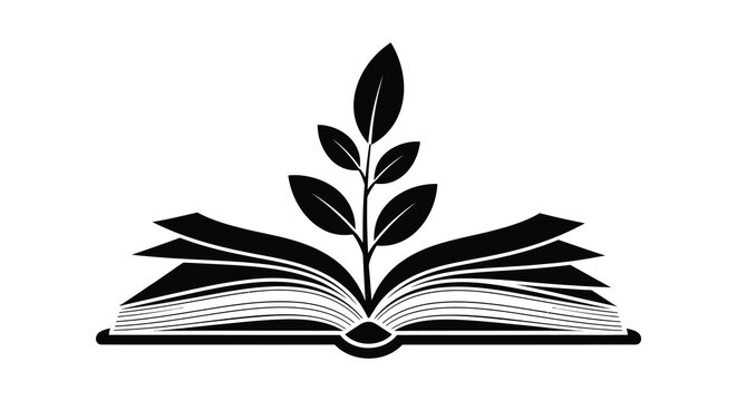 An open book with a leafy sprout growing from its pages depicted as a stark black silhouette