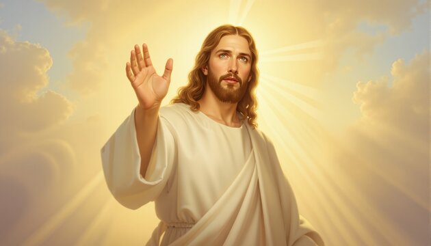 Jesus Christ reaching out his hand against bright background

