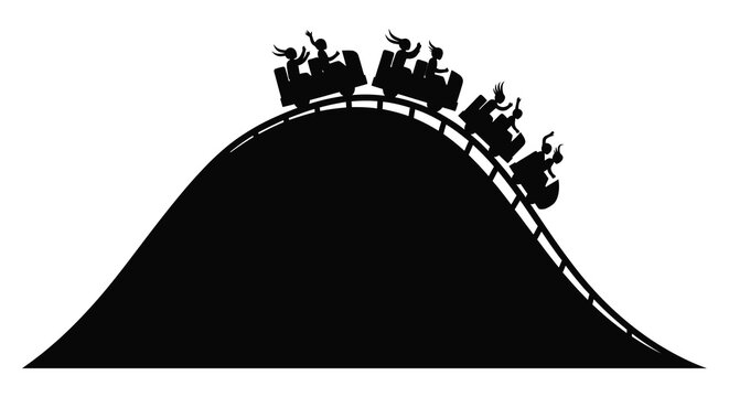 A dynamic black silhouette depicts a thrilling roller coaster ride with passengers enjoying the ascent and descent silhouette