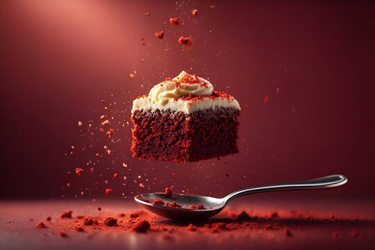 Floating red velvet cake slice with creamy frosting, dramatic dessert concept for luxury food branding and modern advertising design.