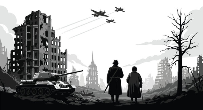 Devastation after war, ruined city buildings, military tank, airplanes flying overhead, somber atmosphere, survivors looking at destruction, monochrome image