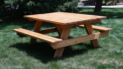 wooden picnic table on green lawn .