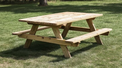 Fototapeta premium wooden picnic table on green lawn .