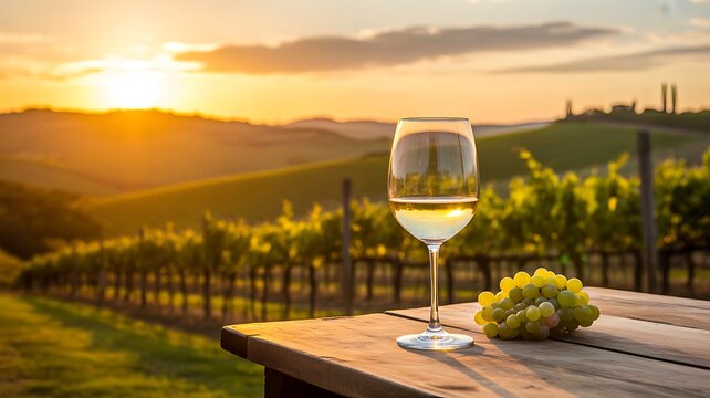Glass of white wine in vineyard at sunset