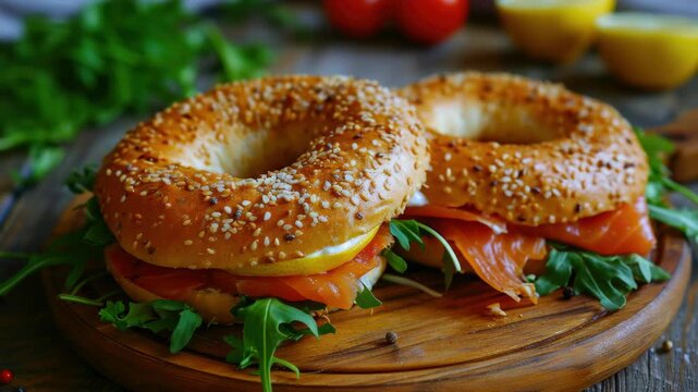 A freshly baked bagel sandwich with fresh salmon, lettuce, and other veggies.