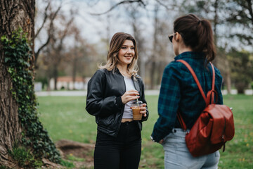 Two women converse outdoors in a park, one holding iced coffee, dressed in casual jackets.
