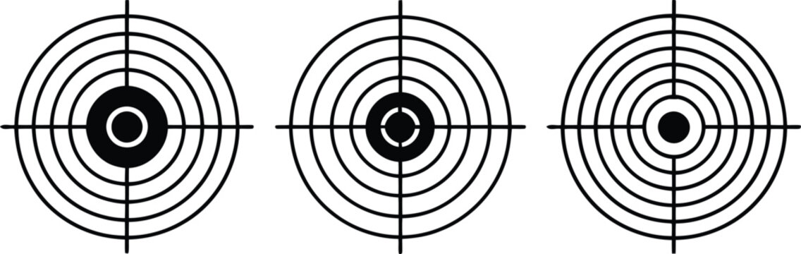 Three target diagrams with varying bullseye precision and shot groupings shown Vector