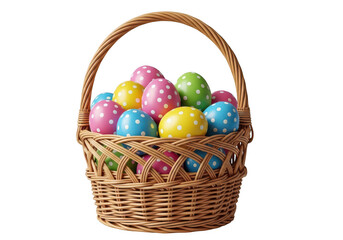 A wicker basket filled with colorful easter eggs and a few flowers isolated on transparent background