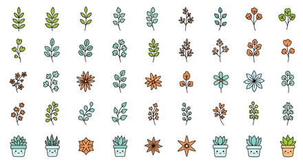 Obraz premium Cute cartoon leaves and flowers in pots with faces for spring design