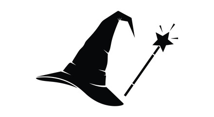 A striking black silhouette depicts a classic witch s hat and a sparkling magic wand against white background silhouette © Jahid