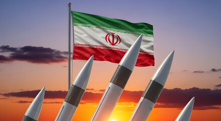 Naklejka premium Multiple Ballistic Missiles in Front of Iranian Flag at Sunset Background. Generative AI