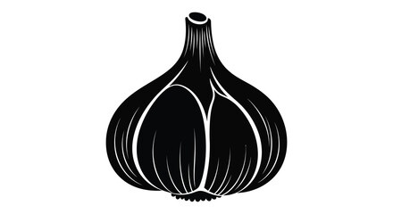 A striking black graphic depicts a bulb of garlic with detailed lines presented as a bold silhouette © Jahid
