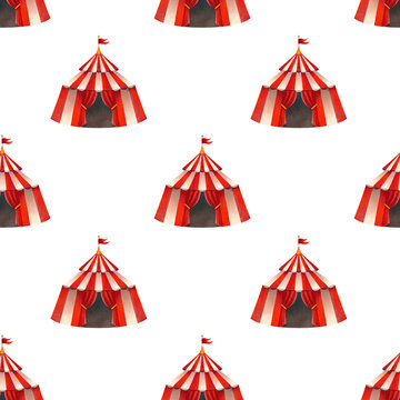 Seamless pattern with a bright circus tent. Hand drawn watercolor illustration for children.