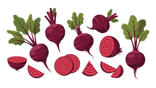 Fresh organic red beets shown in different stages of being whole, halved, sliced, and cut into wedges.