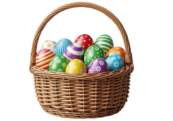 A basket filled with colorful easter eggs and flowers on a white background isolated on transparent background