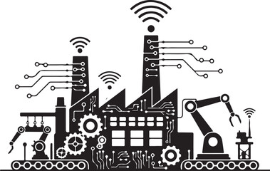 Obraz premium Industrial factory with robotic arms and circuit boards connected to wireless networks
