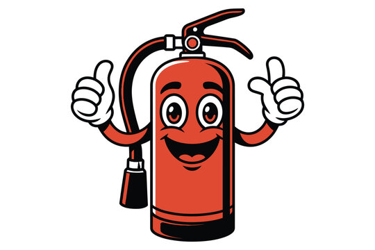 Vintage cartoon fire extinguisher character with happy face giving thumbs up gesture, fire safety and prevention mascot