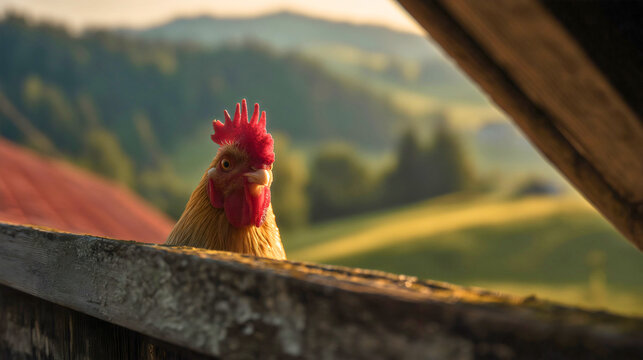 Curious rooster peeking over a wooden barn roof, funny farm animal portrait, blurred green countryside hills at sunrise.
