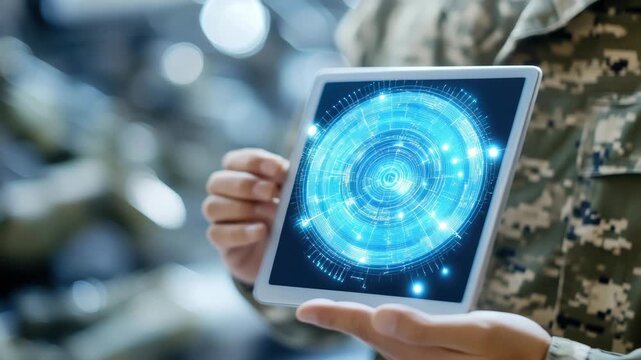 A soldier demonstrates a tablet with a digital interface for data and mission planning during a training exercise with team members