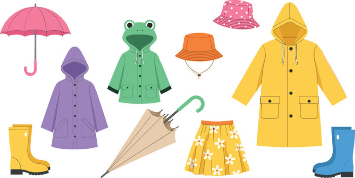 Colorful Rainy Season Clothing Collection with Umbrella Raincoats Rubber Boots Hats and Skirt Cartoon Vector Illustration Set