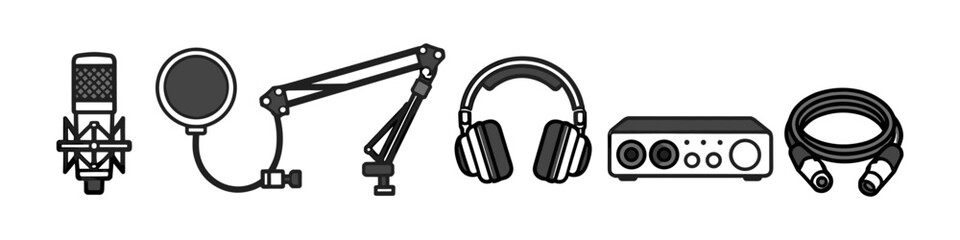 Fototapeta premium Set of audio recording equipment icons including microphone, headphones, and interface