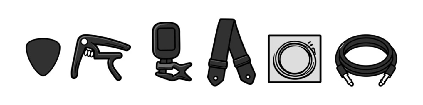 Collection of essential guitar accessories including a pick, capo, tuner, strap, and cable