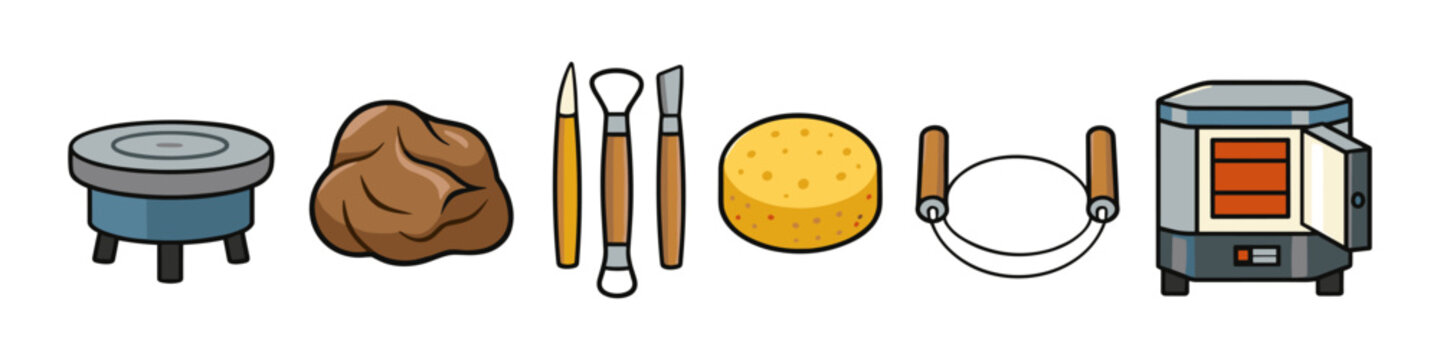 Ceramic art supplies including pottery wheel, clay, tools, sponge, wire cutter, and kiln