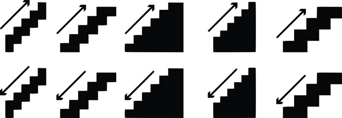 Stairs Up and Down Arrow Icon Set Vector Illustration, Growth and Decline Step Symbol Collection, Business Progress Silhouette Design