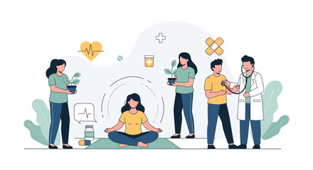 Fototapeta premium Integrated Health & Wellness: Medical Check-up, Mindfulness, and Sustainable Living