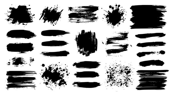 Brush strokes set with black paint splatters and smudges featuring grunge, texture, abstract with art and design