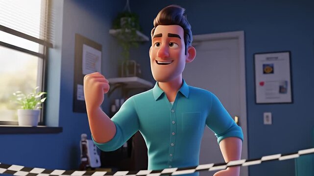 3D animated man celebrating success with a fist pump.