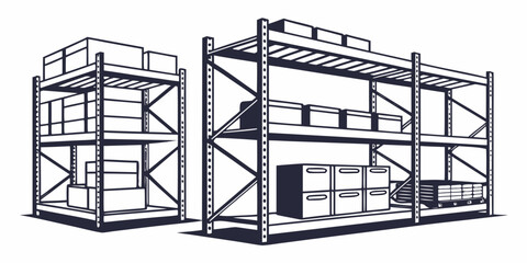 Two industrial storage racks with multiple shelves and ladders for access © Mamun