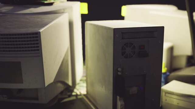 Stacked crt monitors and desktop tower on dusty desk, yellowed plastics and fluorescent glow evoke abandoned office and vintage computing nostalgia