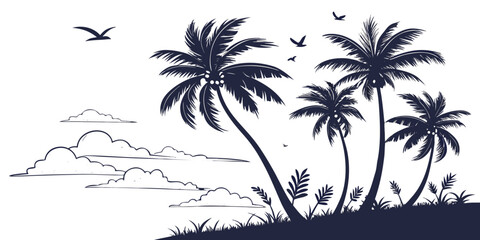 Silhouette of palm trees and birds against a sunset sky with clouds