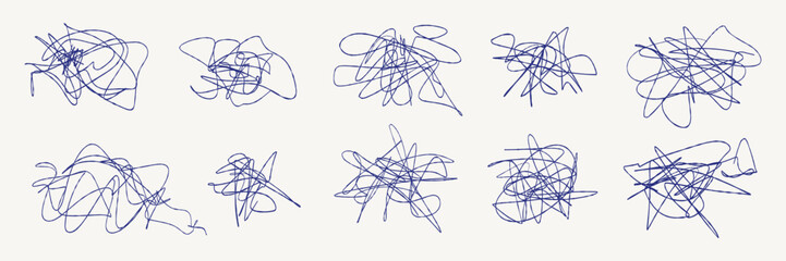 Messy pen scratch abstract scribble set with chaotic hand drawn ink lines on transparent background. Random doodle strokes, tangled sketch marks for design elements, creative overlays, notes