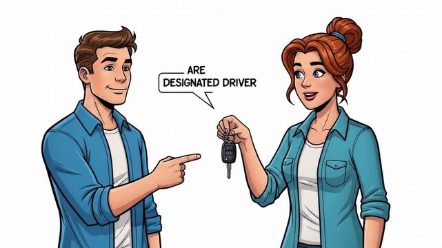 Man points to woman holding car keys, indicating she is the designated driver.