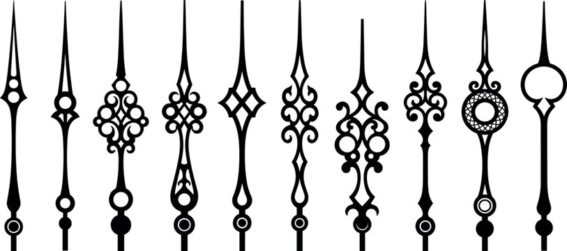 Decorative Antique Clock Hands Set with Vintage Ornate Watch Pointers Black Silhouette Vector Illustration Collection