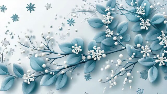 A digital featuring a branch adorned with white berries and snowflakes against a light gray background.