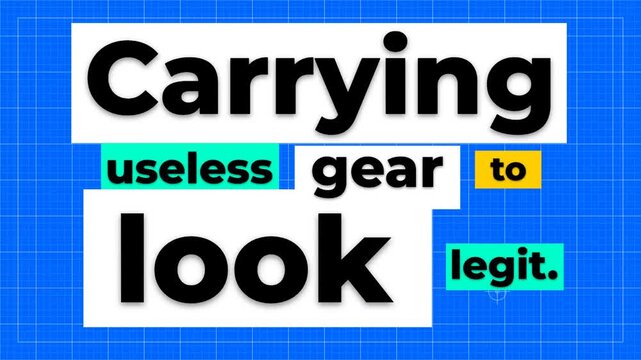 Animated text on a blue grid background reveals a gym motivation quote about carrying useless gear to look legit