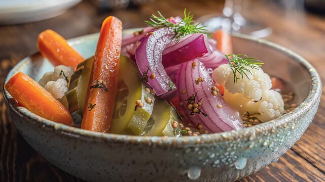 Close up of a rustic ceramic bowl with assorted pickled vegetables