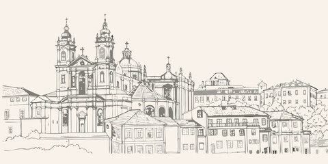 Detailed sketch of a european cityscape with prominent cathedral architecture © Rahul