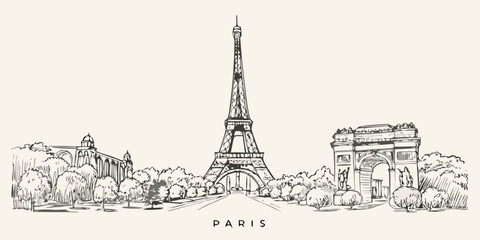 A vintage sketch depicting the eiffel tower and arc de triomphe © Rahul