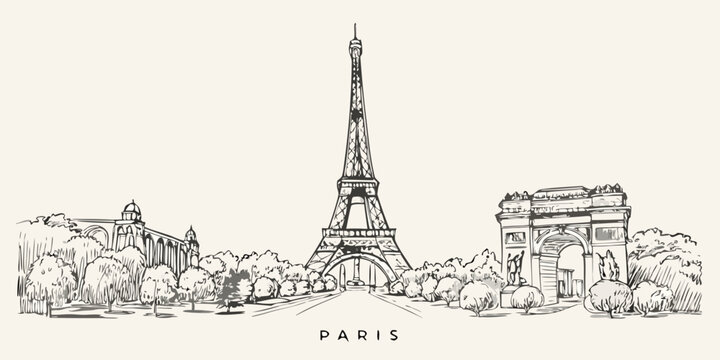 A vintage sketch depicting the eiffel tower and arc de triomphe