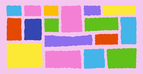 Wavy rectangle set of bright colorful abstract frames with soft organic curves. Modern flat vector collection of liquid text boxes and playful shapes in blue, pink, yellow on pastel background.