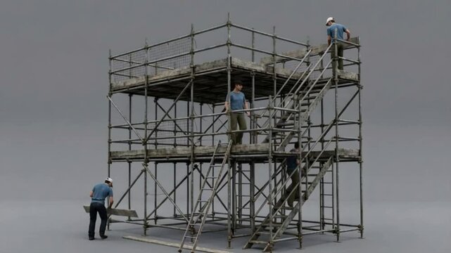 Construction Workers Assembling Scaffolding Structure on Multiple Levels