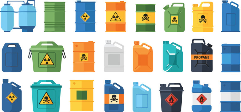 Hazardous Chemical Containers Collection Oil Drums Gas Cans Propane Tanks Toxic Warning Vector Illustration Set