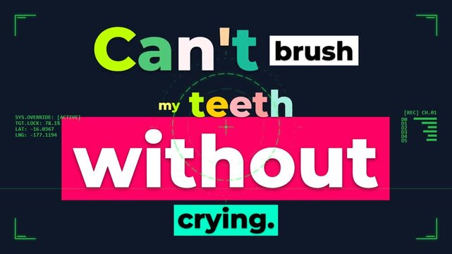 Animated text graphic Cant brush my teeth without crying with digital UI overlay Quirky gym motivation quote for lifestyle content