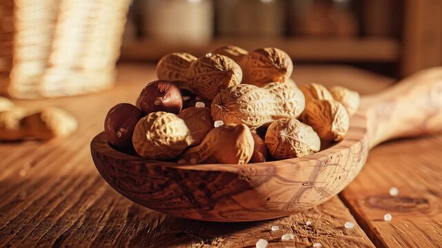 Close up of peanuts in wooden scoop on textured surface