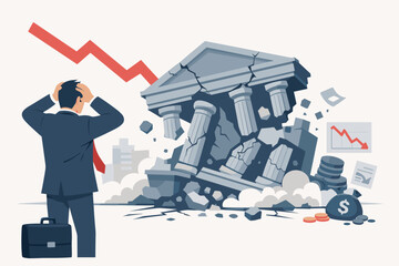 Financial Crisis and Banking Collapse Concept with Businessman Watching a Bank Building Crumble, Economic Downturn, Stock Market Crash, Bankruptcy, Credit Risk, and Global Recession Illustration © JannatulFerdaus